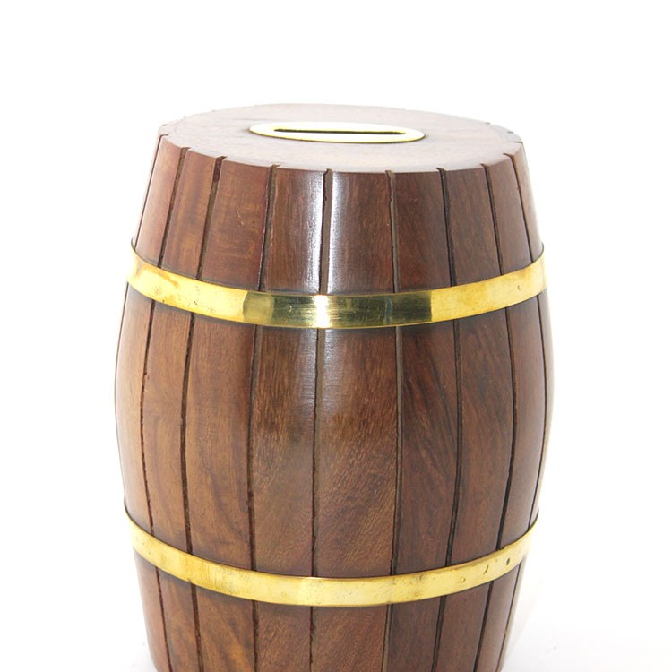 Pirinç Ahşap Fıçı Kumbara 15 Cm 