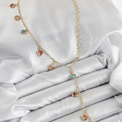 Pirinç Asorti Kalp Model Gold Renk Zirkon Taşlı Y Kolye