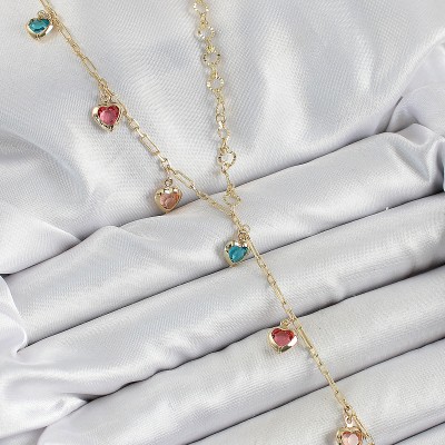 Pirinç Asorti Kalp Model Gold Renk Zirkon Taşlı Y Kolye