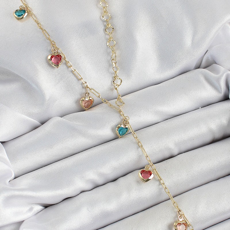 Pirinç Asorti Kalp Model Gold Renk Zirkon Taşlı Y Kolye