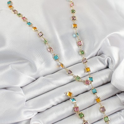 Pirinç Asorti Kare Model Gold Renk Zirkon Taşlı Y Kolye