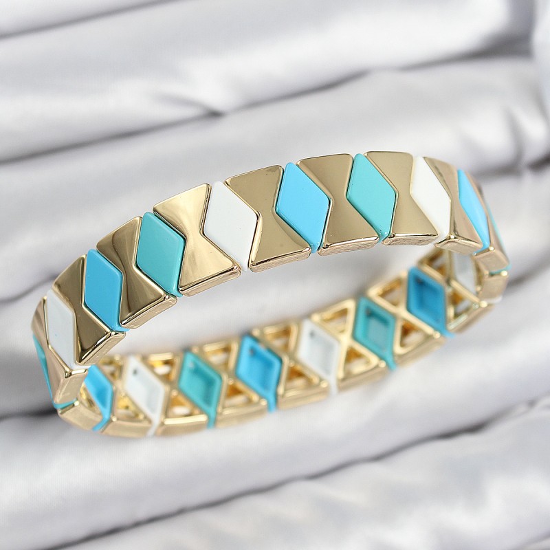 Pirinç Baklava Desenli Mavi Beyaz Gold Renk Lastikli Kadın Bileklik