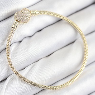 Pirinç Charm Zirkon Taşlı Kalp Model Gold Renk Kadın Bileklik