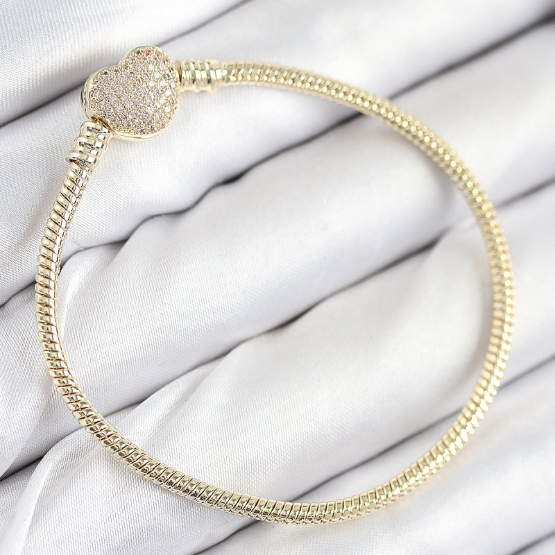 Pirinç Charm Zirkon Taşlı Kalp Model Gold Renk Kadın Bileklik