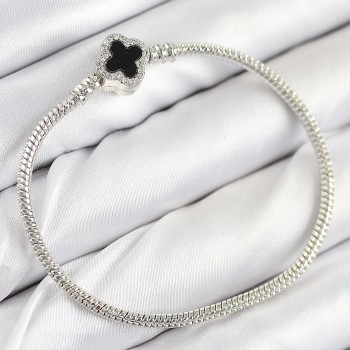 Pirinç Charm Zirkon Taşlı Yonca Model Gümüş Renk Kadın Bileklik