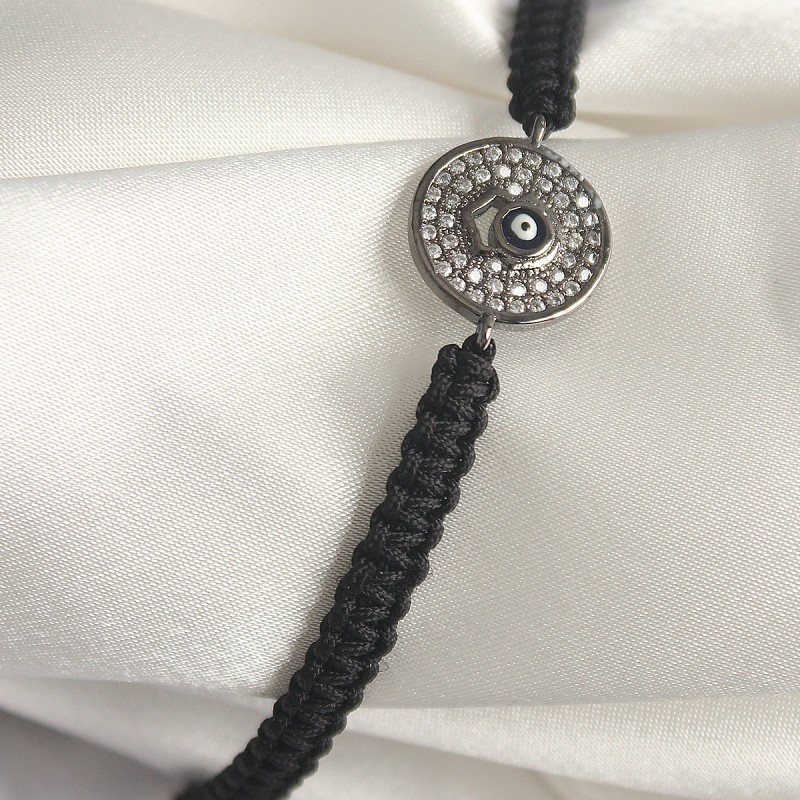 Pirinç Füme Renk Zirkon Taşlı Nazar Boncuk İşleme Makrome Asansörlü Model Kadın Bileklik