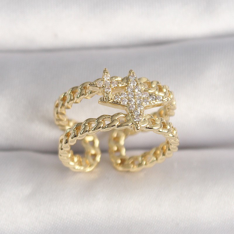 Pirinç Gold Renk 2'Li Zincir Zirkon Taşlı Yıldız Figür Kadın Yüzük