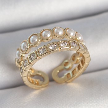 Pirinç Gold Renk 2'Li Zirkon Taşlı Ve İncili Ayarlanabilir Kadın Yüzük