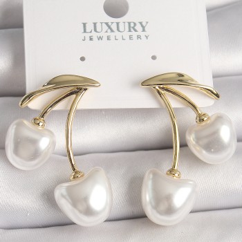 Pirinç Gold Renk Beyaz İnci Kiraz Model Kadın Küpe