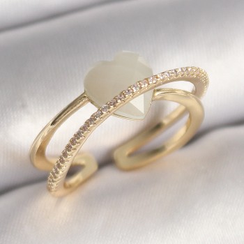 Pirinç Gold Renk Beyaz Kristal Kalp Model Zirkon Taş Detay Kadın Yüzük