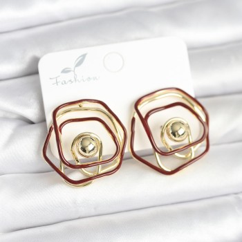 Pirinç Gold Renk Bordo Mineli Geometrik Gül Model Kadın Küpe