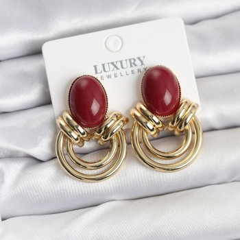 Pirinç Gold Renk Bordo Taşlı Vintage Kadın Küpe