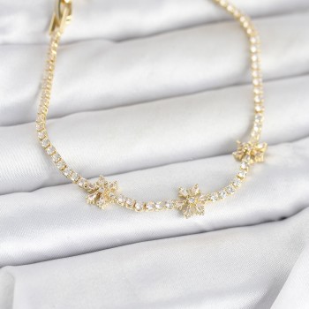 Pirinç Gold Renk Çiçek Model Zirkon Taşlı Su Yolu Kadın Bileklik