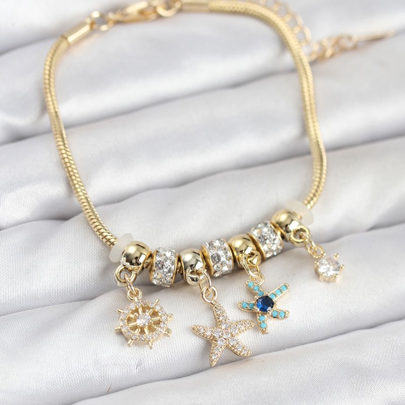 Pirinç Gold Renk Deniz Tema Charmlı Kadın Bileklik