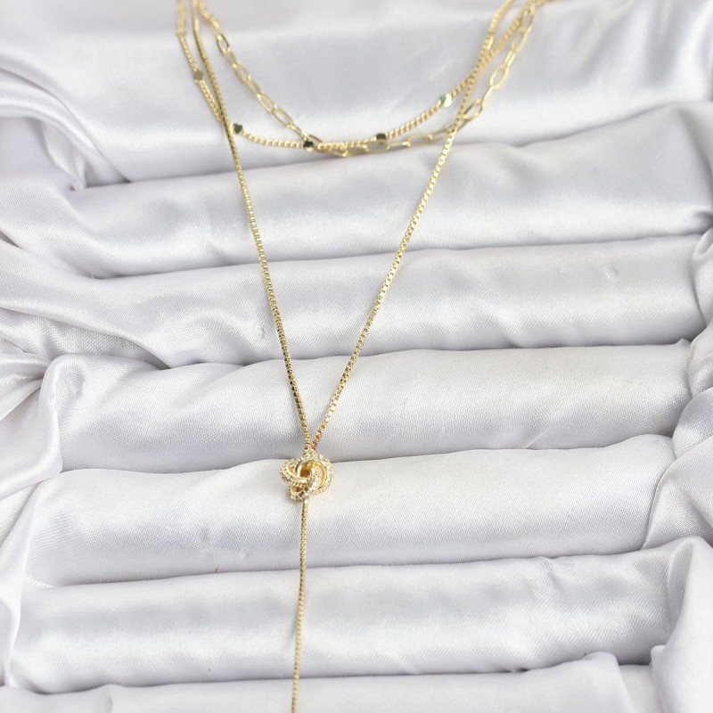 Pirinç Gold Renk Düğüm Model Detaylı 3'lü Kombin Y Kadın Kolye