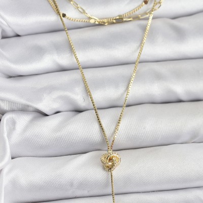 Pirinç Gold Renk Düğüm Model Detaylı 3'lü Kombin Y Kadın Kolye