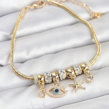 Pirinç Gold Renk Göz Model Charmlı Kadın Bileklik