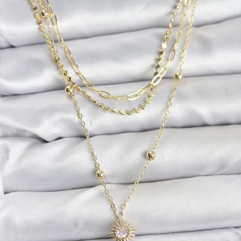 Pirinç Gold Renk Güneş Model Detaylı 3'lü Kombin Y Kadın Kolye