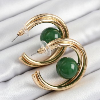 Pirinç Gold Renk Halka Model Yeşil Boncuk Detay Kadın Küpe