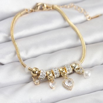 Pirinç Gold Renk Kalp Charmlı Kadın Bileklik