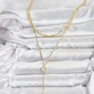 Pirinç Gold Renk Kalp Detaylı 3'lü Kombin Y Kadın Kolye