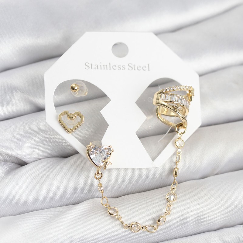Pirinç Gold Renk Kalp Model Zincir Bağlantılı Ear Cuff Küpe Seti
