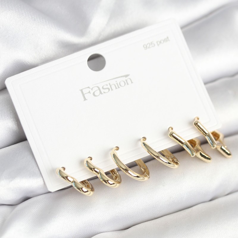 Pirinç Gold Renk Kalp Yıldız ve Halka Model 925 Ayar Gümüş Çivili Kadın Küpe Seti