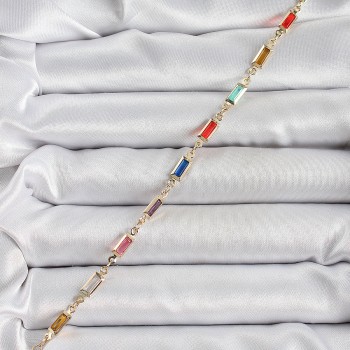 Pirinç Gold Renk Karışık Renkli Kare Zirkon Taşlı Kadın Bileklik