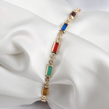 Pirinç Gold Renk Karışık Renkli Kare Zirkon Taşlı Kadın Bileklik