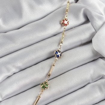 Pirinç Gold Renk Karışık Renk Yonca Zirkon Taşlı Kadın Bileklik