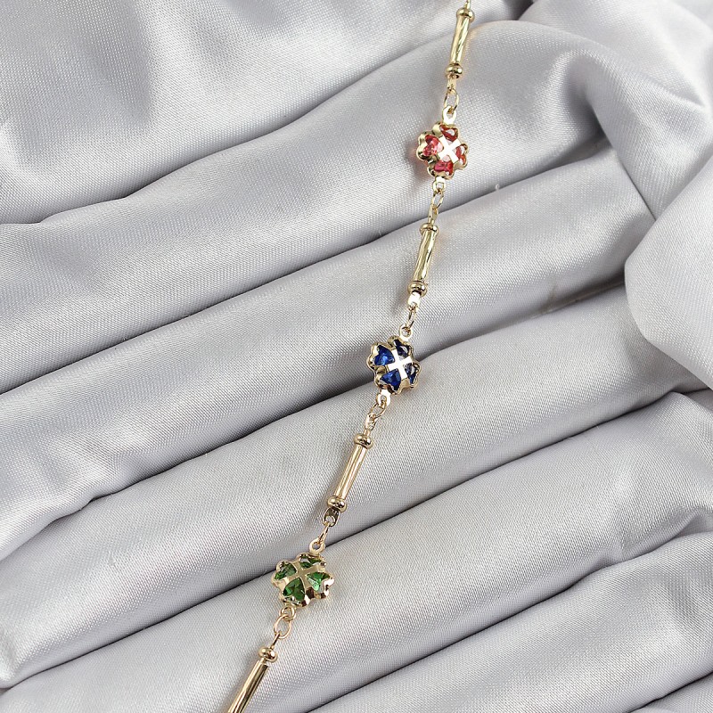 Pirinç Gold Renk Karışık Renk Yonca Zirkon Taşlı Kadın Bileklik