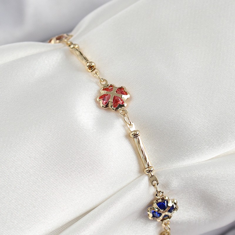 Pirinç Gold Renk Karışık Renk Yonca Zirkon Taşlı Kadın Bileklik