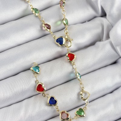 Pirinç Gold Renk Karışık Renk Zirkon Taşlı Kalpli Y Kadın Kolye