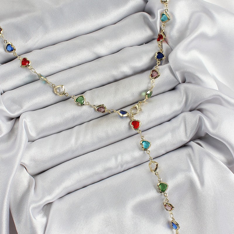 Pirinç Gold Renk Karışık Renk Zirkon Taşlı Kalpli Y Kadın Kolye