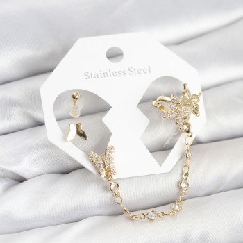 Pirinç Gold Renk Kelebek Model Zincir Bağlantılı Ear Cuff Küpe Seti