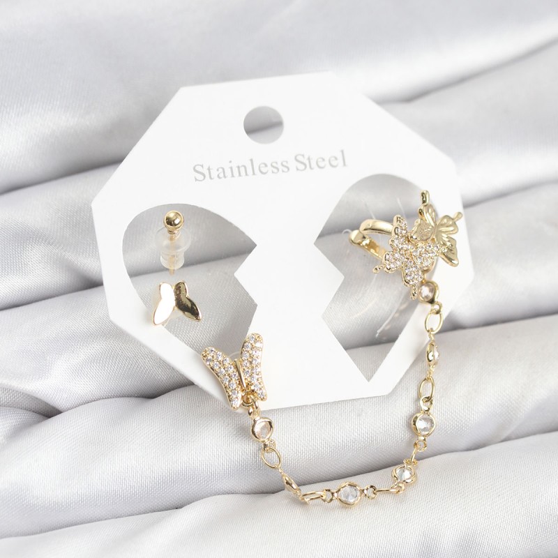 Pirinç Gold Renk Kelebek Model Zincir Bağlantılı Ear Cuff Küpe Seti