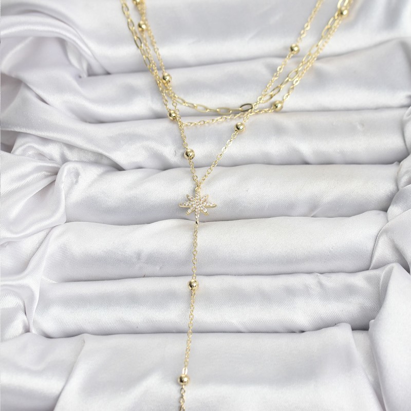 Pirinç Gold Renk Kutup Yıldızı Detaylı 3'lü Kombin Kadın Kolye