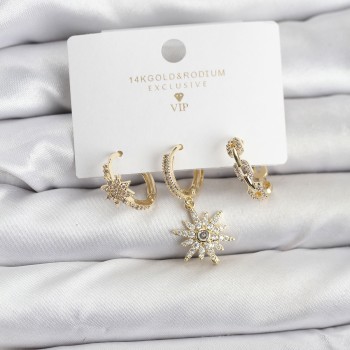 Pirinç Gold Renk Kutup Yıldızı Model 3'lü Kadın Küpe Seti