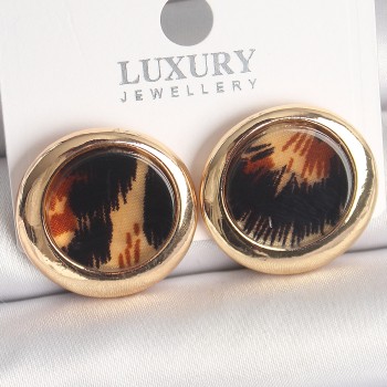 Pirinç Gold Renk Leopar Desen Daire Model Kadın Küpe