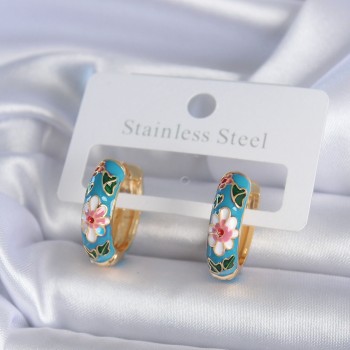 Pirinç Gold Renk Mavi Çiçek İşleme Detay Kadın Küpe