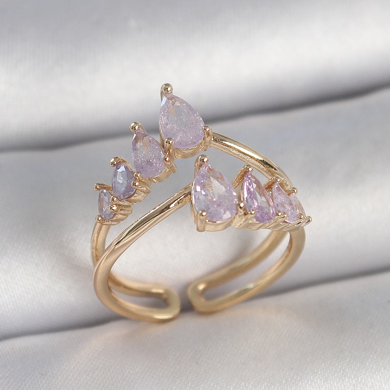 Pirinç Gold Renk Mor Damla Zirkon Taşlı Taç Model Kadın Yüzük