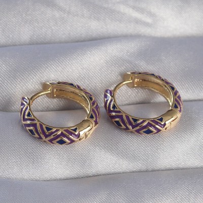 Pirinç Gold Renk Mor Etnik Desenli Halka Küpe