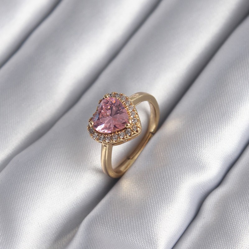 Pirinç Gold Renk Pembe Zirkon Taş Kalp Charm Model Kadın Yüzük