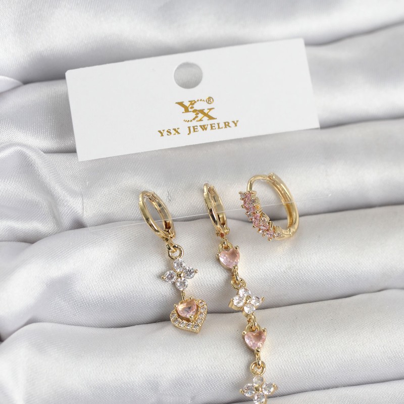 Pirinç Gold Renk Pembe Zirkon Taşlı 3'lü Kadın Küpe