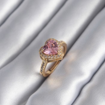 Pirinç Gold Renk Pembe Zirkon Taşlı Charm Kalp Model Kadın Yüzük