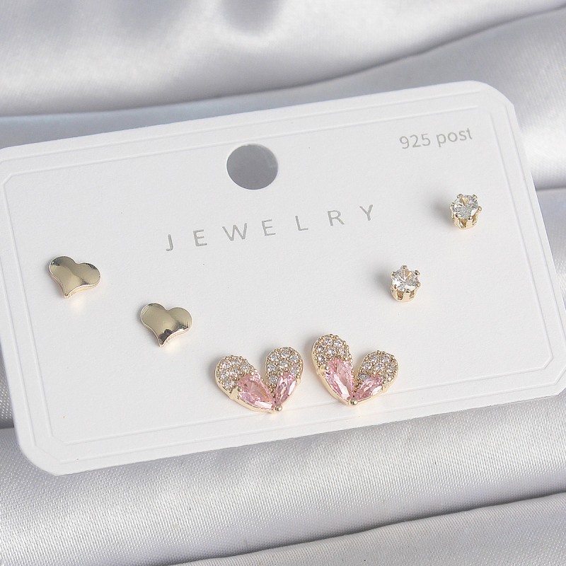 Pirinç Gold Renk Pembe Zirkon Taşlı Kalp Model 925 Ayar Gümüş Çivi Kadın Küpe Seti