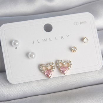 Pirinç Gold Renk Pembe Zirkon Taşlı Kalp Model İnci Detay 925 Ayar Kadın Küpe Seti