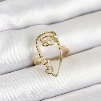 Pirinç Gold Renk Picasso Tarzı Tek Çizgi Yüz Model Kadın Yüzük
