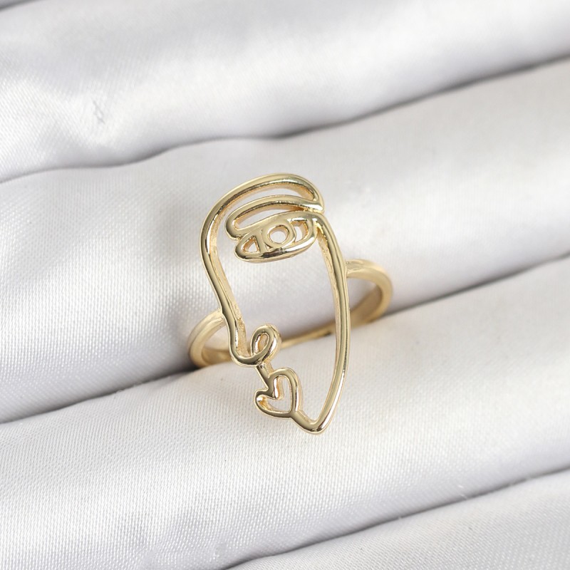 Pirinç Gold Renk Picasso Tarzı Tek Çizgi Yüz Model Kadın Yüzük