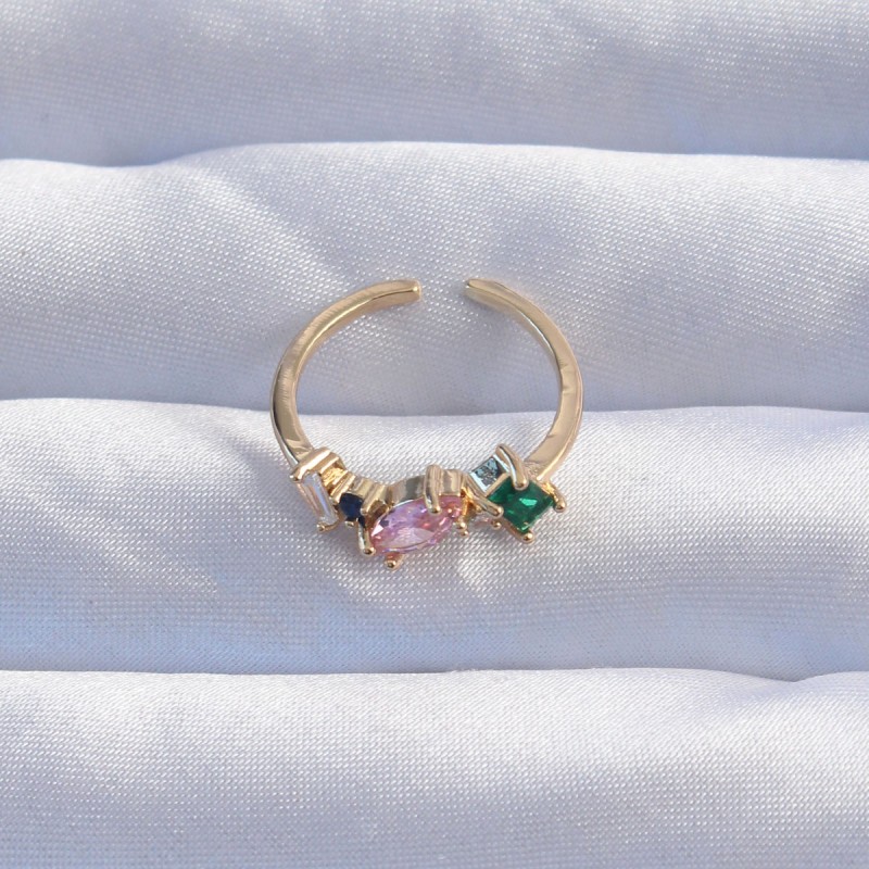 Pirinç Gold Renk Renkli Zirkon Taşlı Ayarlanabilir Yüzük